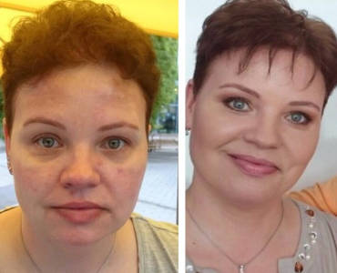 Porträtvergleich einer Frau mit kurzem braunem Haar: links vor, rechts nach Make-up und Haarstyling