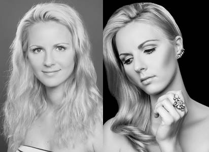 Schwarz-Weiß-Porträts einer Frau mit blondem Haar: links vor, rechts nach Make-up und Haarstyling
