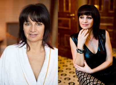 Porträtvergleich einer Frau mit dunklem Haar: links vor, rechts nach dem Styling für einen besonderen Anlass
